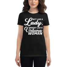 Load image into Gallery viewer, Act Like a Lady, Invest Like a Virtuous Woman (Black) short sleeve t-shirt